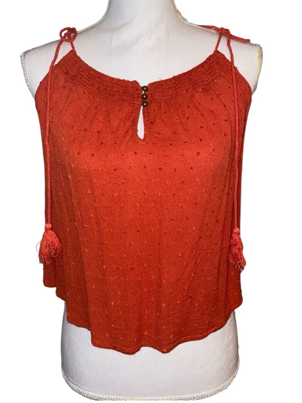 MUSTARD SEED Spaghetti Strap Top Shoulder Ties, Tasseled Crop Top Orange Med